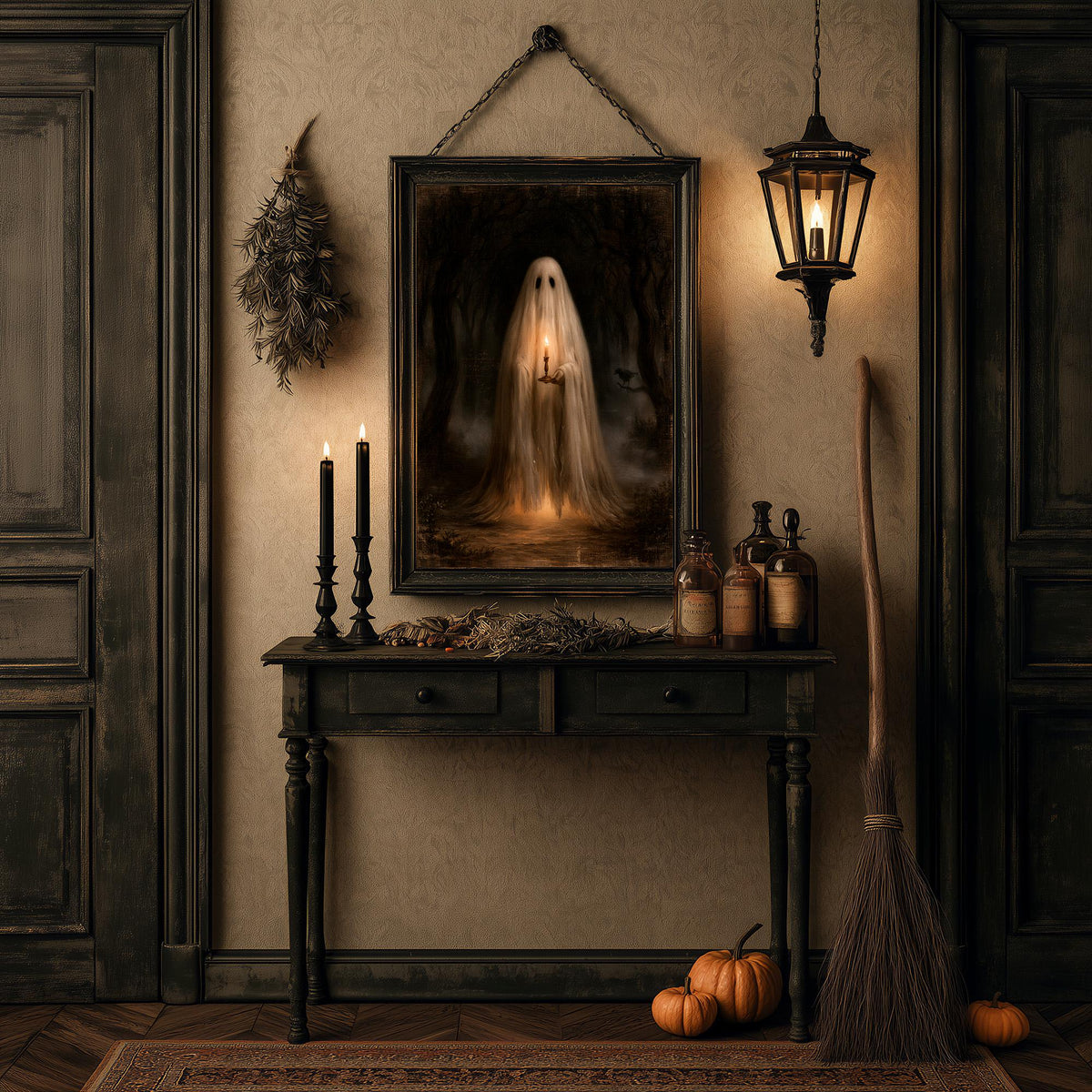 Halloween room with candles, pumpkins, and a broom under the ghost candle print