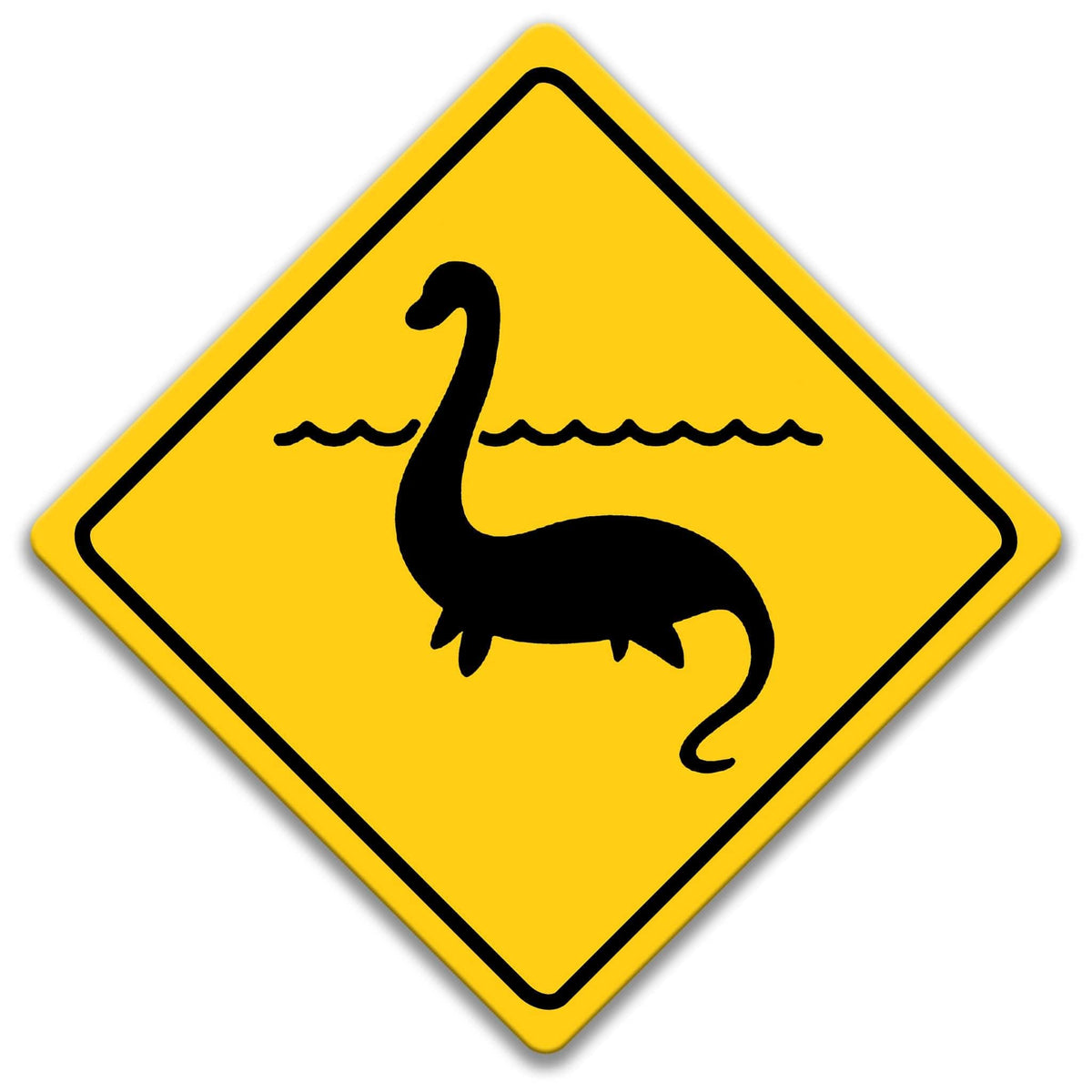 A yellow diamond-shaped road sign with a black silhouette of a sea creature, likely a sea monster or similar aquatic animal, swimming in the water.