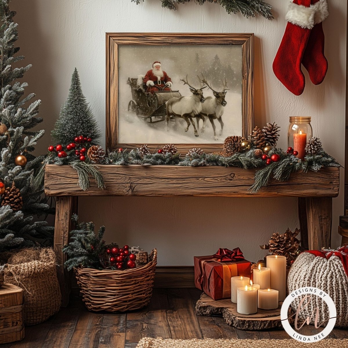 Santa sleigh art print styled with pine cones and a lit candle