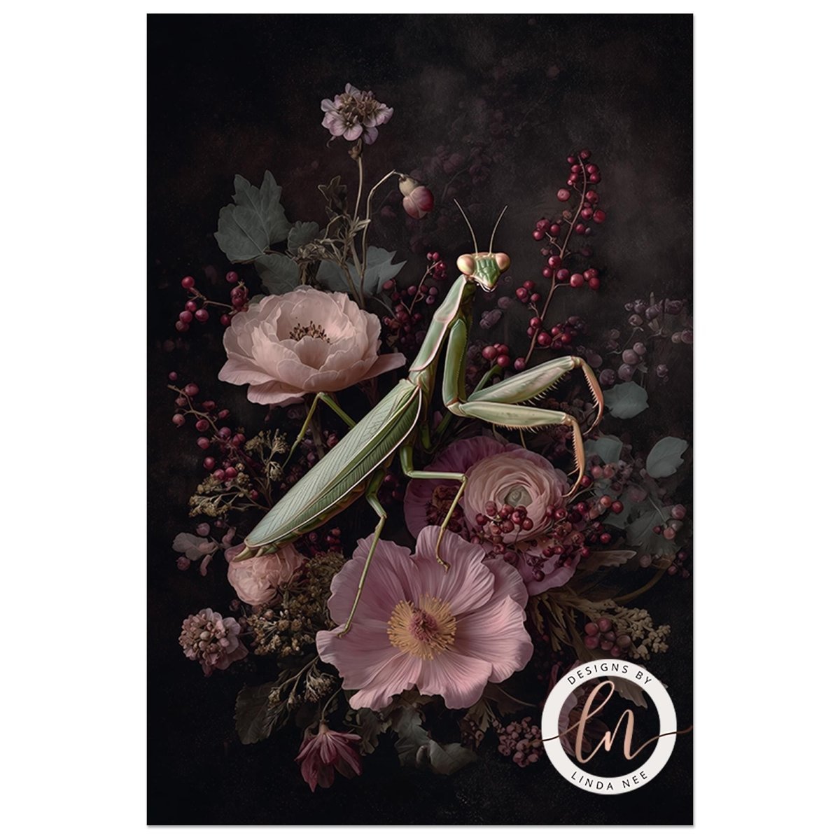 Close view of a mantis on pink peonies with berries and leaves