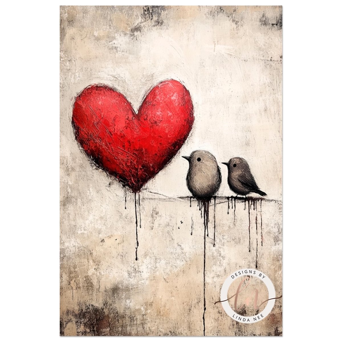 two birds perched on a wire, with a large red heart floating above them.
