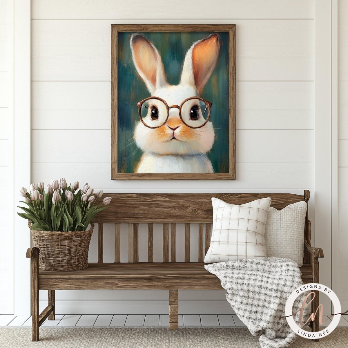 a wooden bench with a wicker basket filled with flowers, and a framed painting of a rabbit wearing glasses hanging on the wall above the bench.