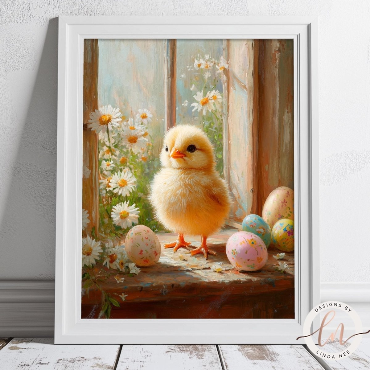 Spring chick artwork surrounded by daisies and decorated eggs