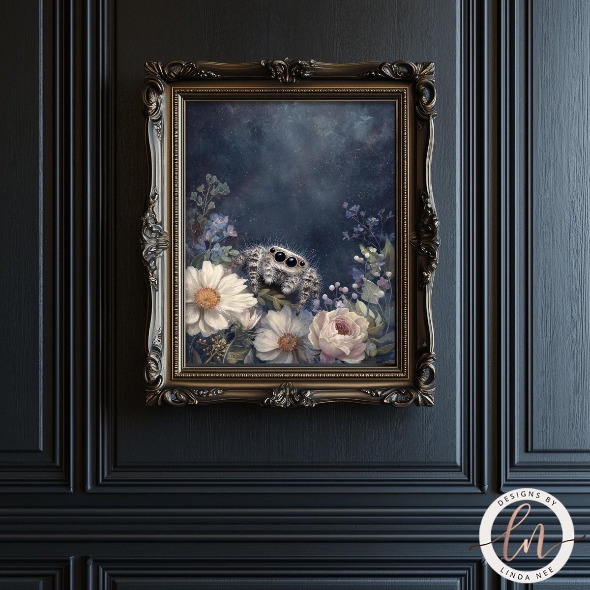 a painting of a spider sitting amidst a floral arrangement, hanging on a dark wall.
