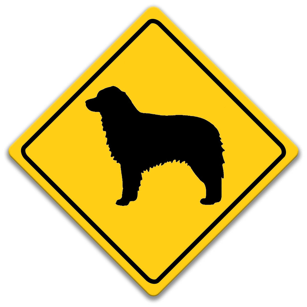 A yellow diamond-shaped road sign with a black silhouette of a dog in the center.