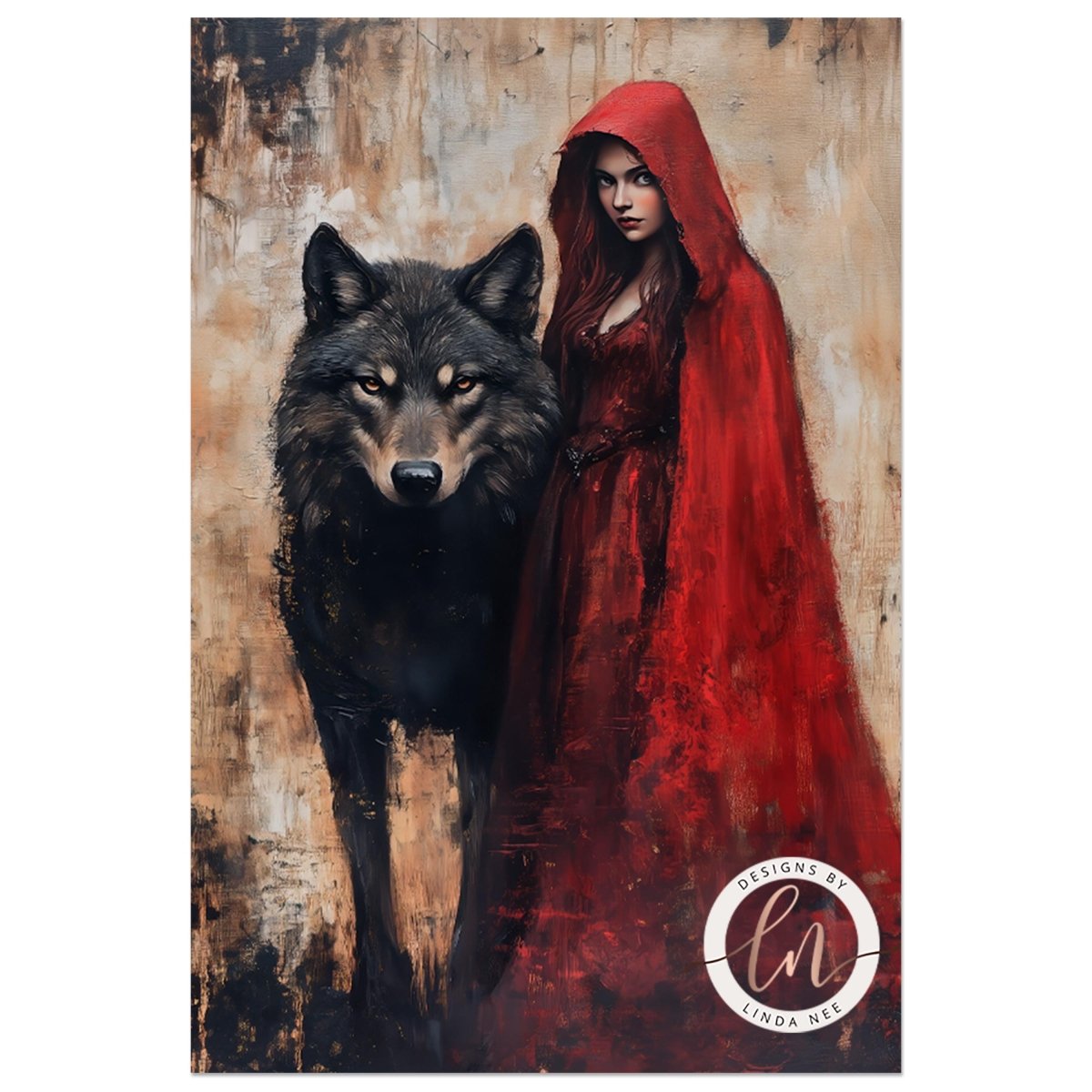 Red Riding Hood and wolf art print with a rough painted texture