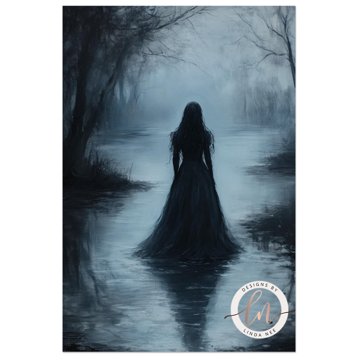 Woman in black reflected in still water at the edge of a misty lake