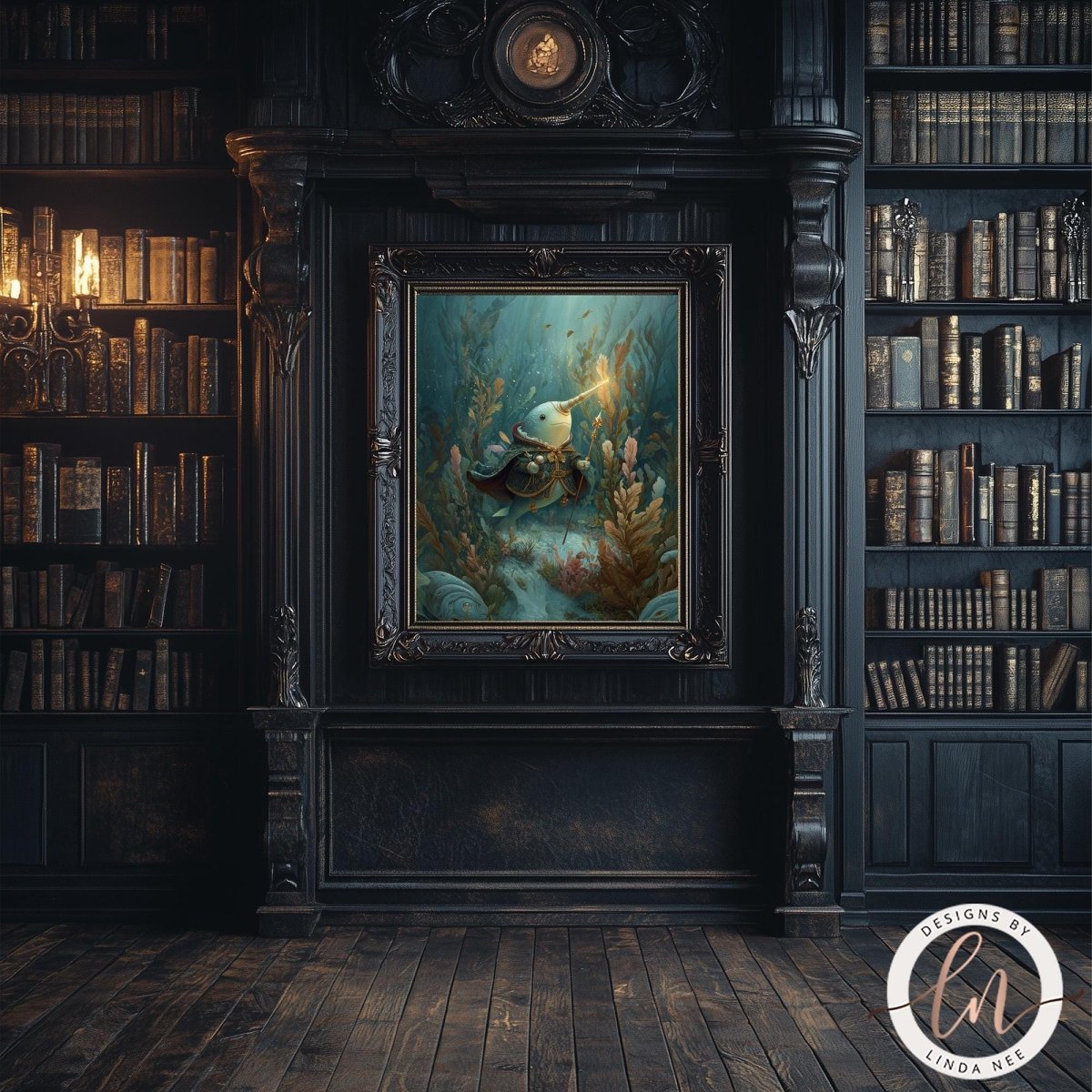 a dark, ornate room with a large painting of a fish swimming in a blue underwater scene. The room is filled with bookshelves, creating a cozy and intellectual atmosphere.