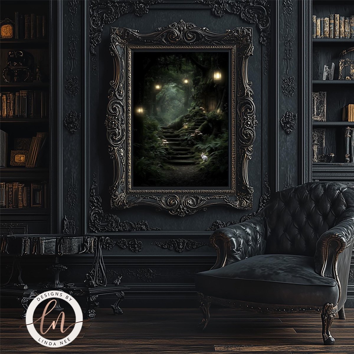 a luxurious living room with a large, ornate, gilded frame hanging on the wall, which features a painting of a forest path leading to a castle. The room is furnished with a black leather armchair and a bookshelf filled with books, creating an elegant and sophisticated atmosphere.
