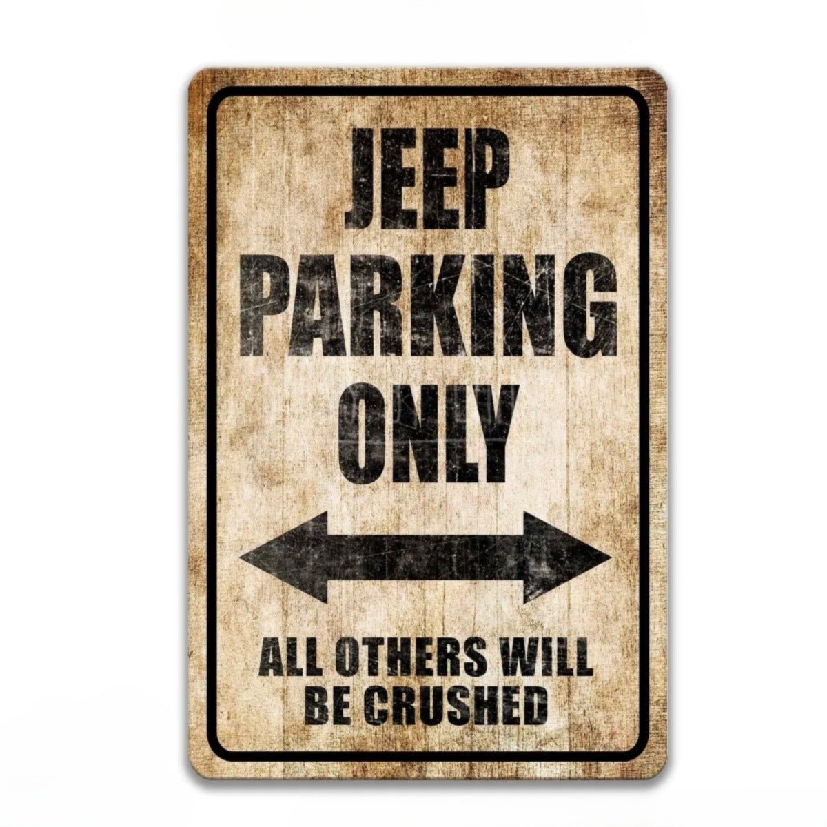 A weathered wooden sign with the text " Jeep Parking Only" and arrows pointing in opposite directions.