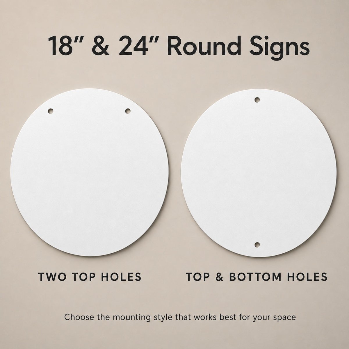 two round signs, each with a hole in the center, and provides information about the different types of holes available for mounting.