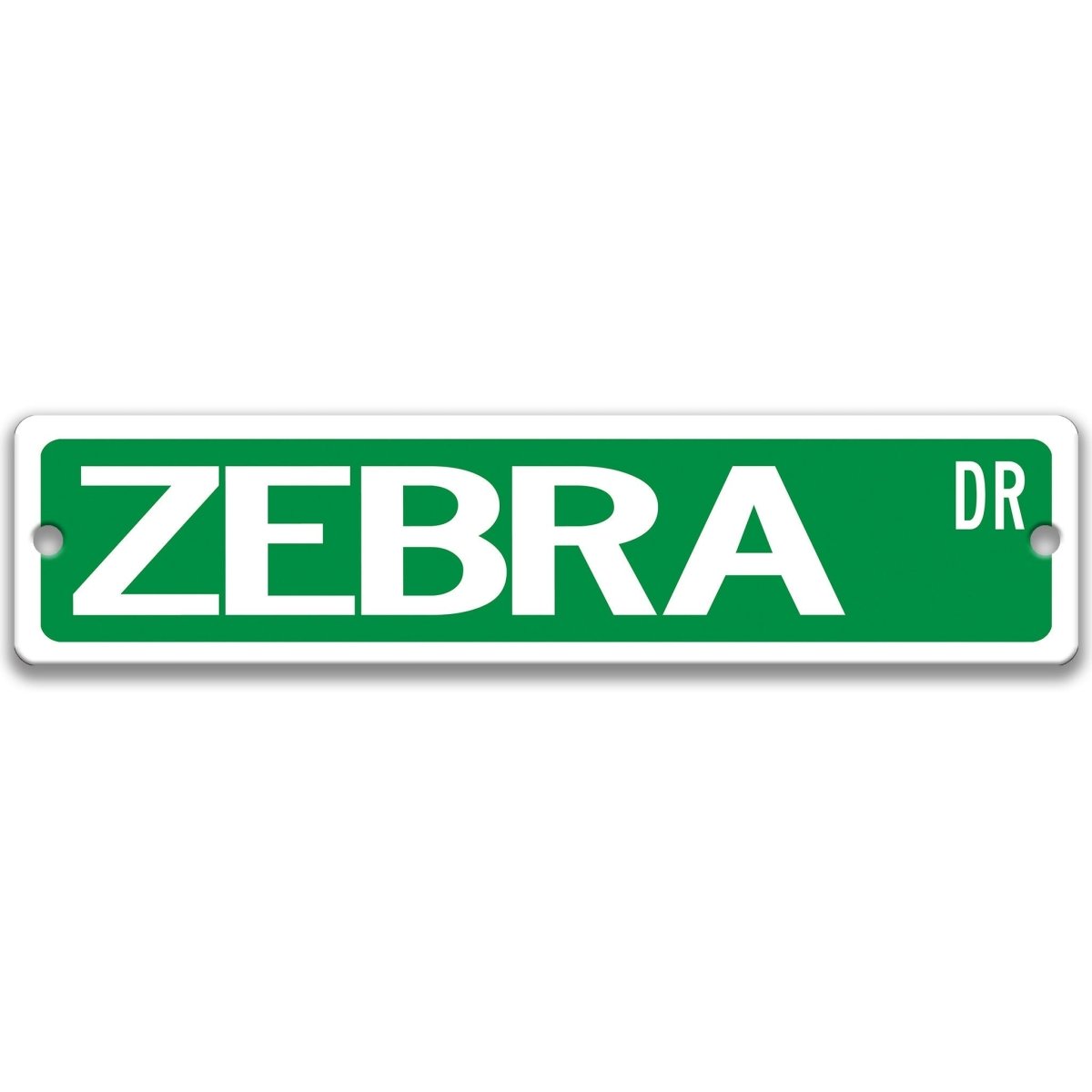 Zebra metal street sign with a green background reading ZEBRA DR