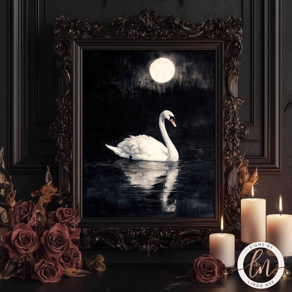 White swan under a full moon artwork shown with candles and roses