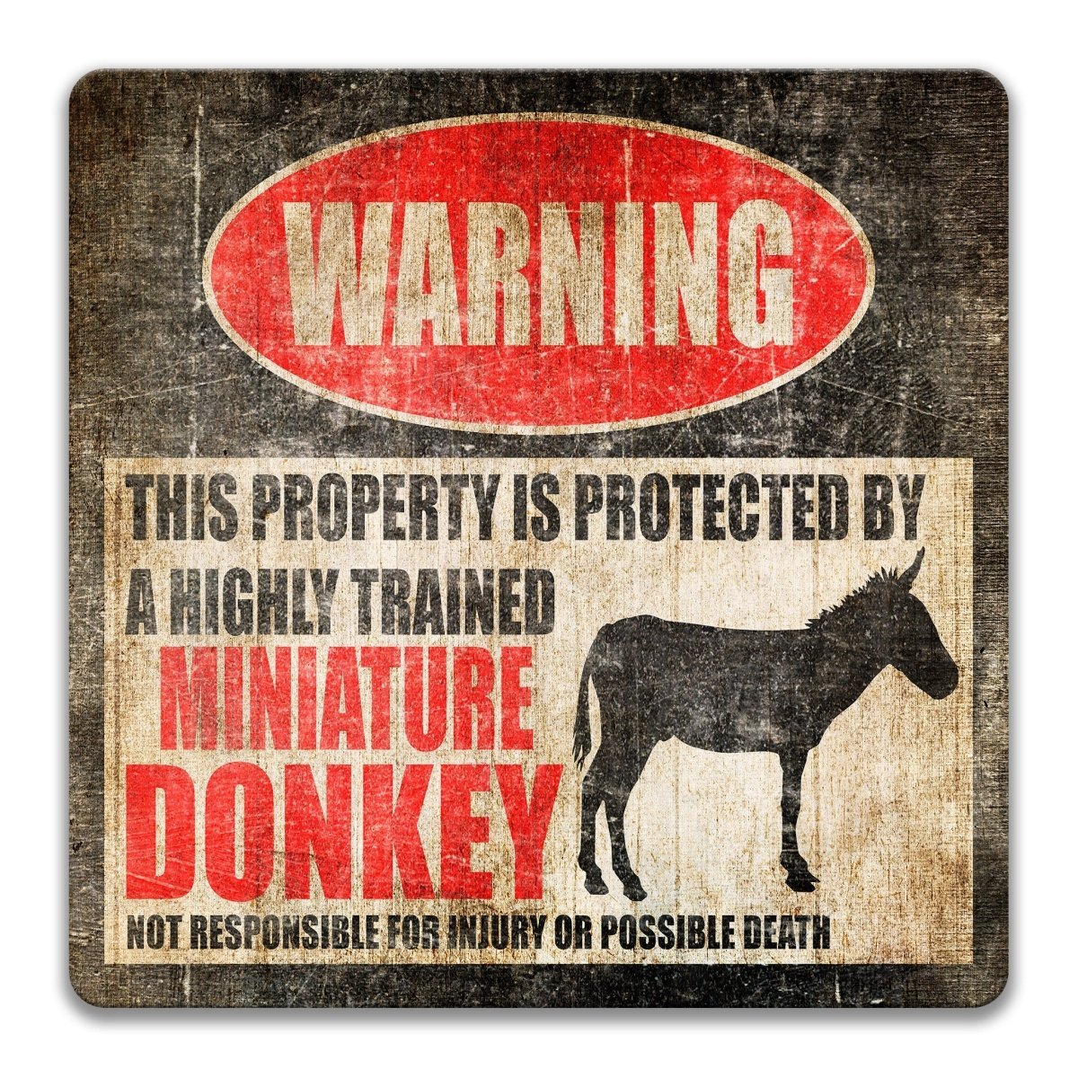 Miniature Donkey property warning sign, novelty Miniature Donkey-owner gag, highly trained Miniature Donkey joke with miniature donkey silhouette