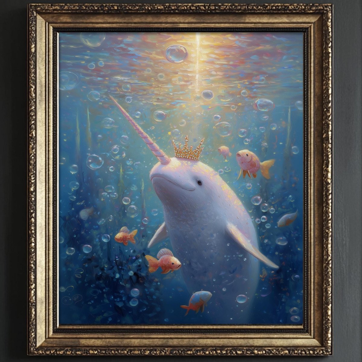 A framed painting depicting a white narwhal with a golden crown, surrounded by bubbles and fish in a vibrant underwater scene.
