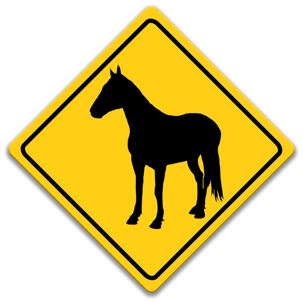 A yellow diamond-shaped road sign with a black silhouette of a horse in the center.