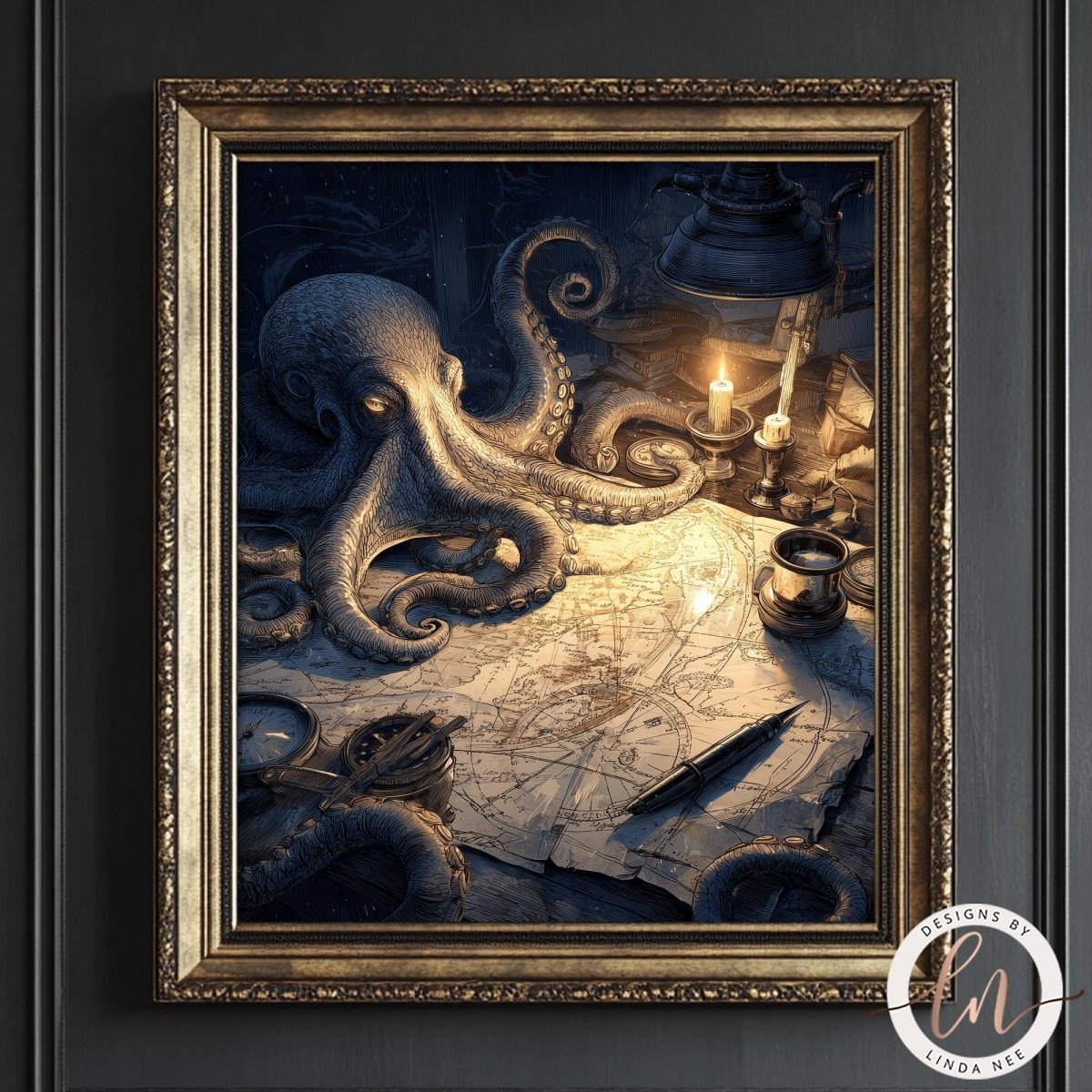 The image is a framed artwork depicting an octopus surrounded by various objects, including a map, a candle, and a compass, all illuminated by a light source.