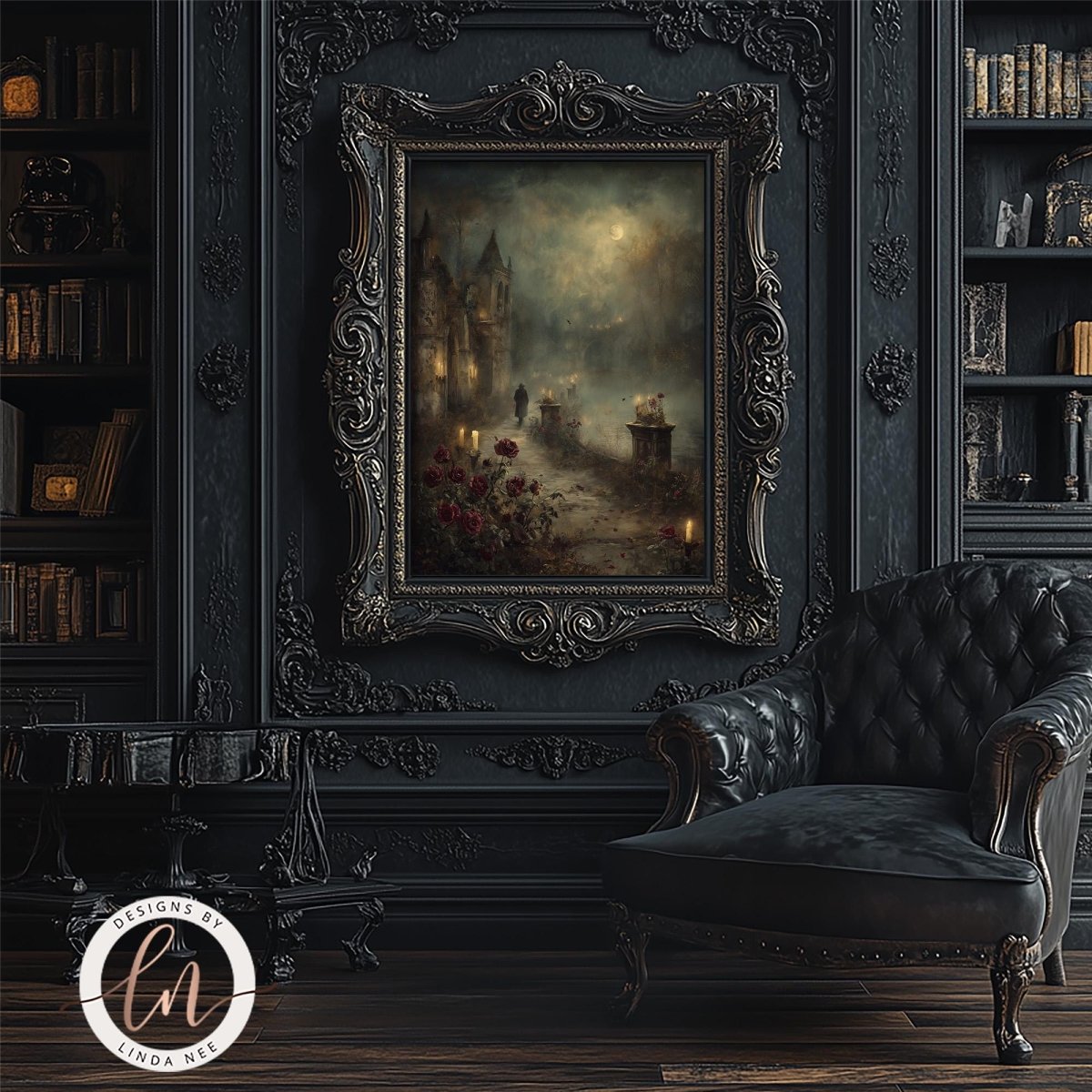 A framed gothic-style painting of a moody street scene with a castle and flowers, displayed on a dark ornate wall in a room with a black leather armchair and bookshelves.