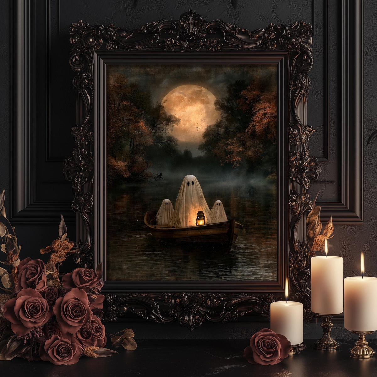 Ghost boat drifting under a full moon against a dark forest shoreline