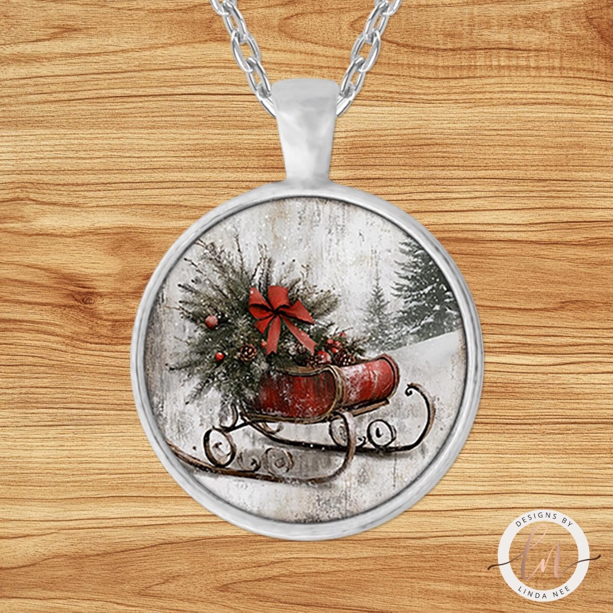 Vintage Red Sled Christmas Pendant Necklace