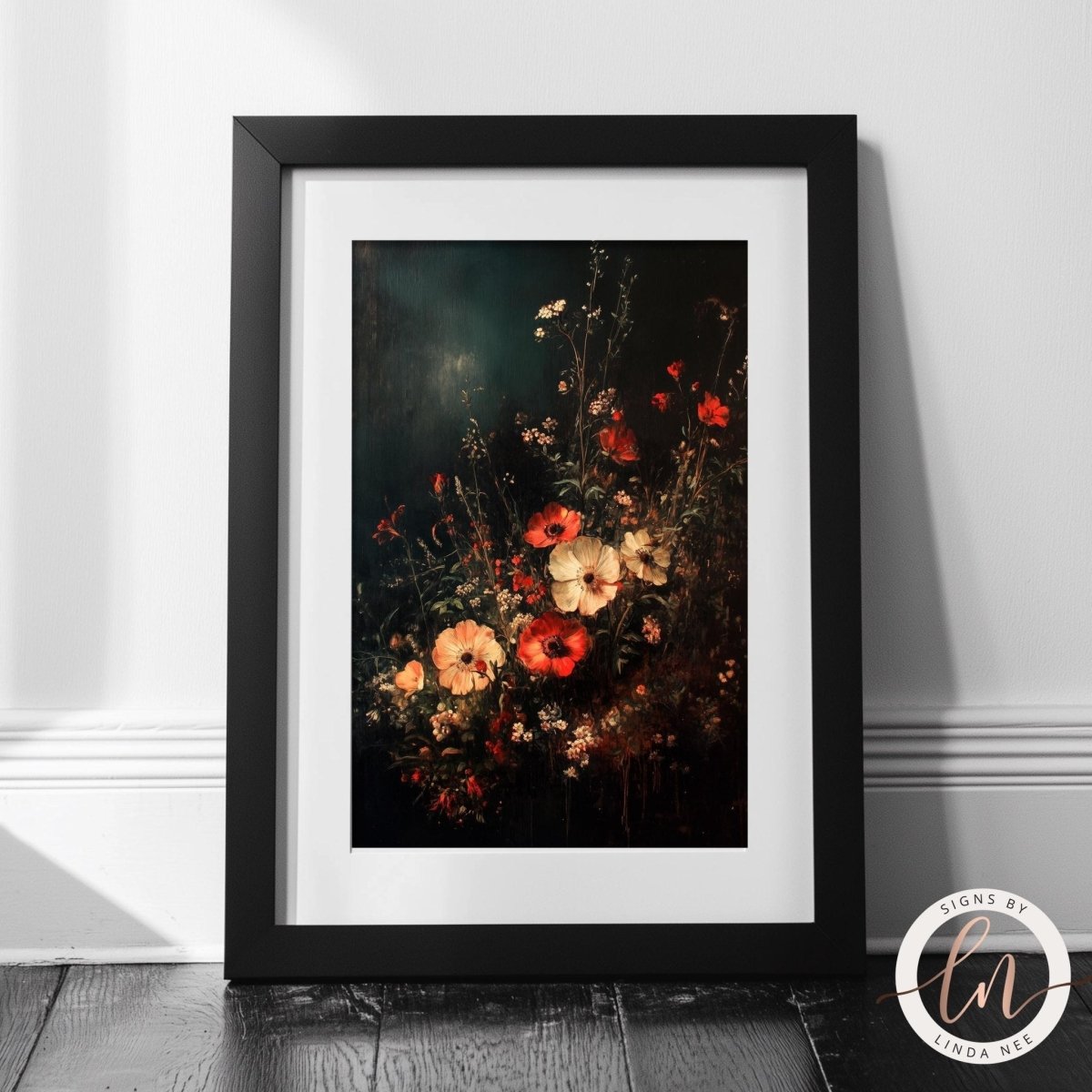Muted dark floral print displayed in a gothic styled room