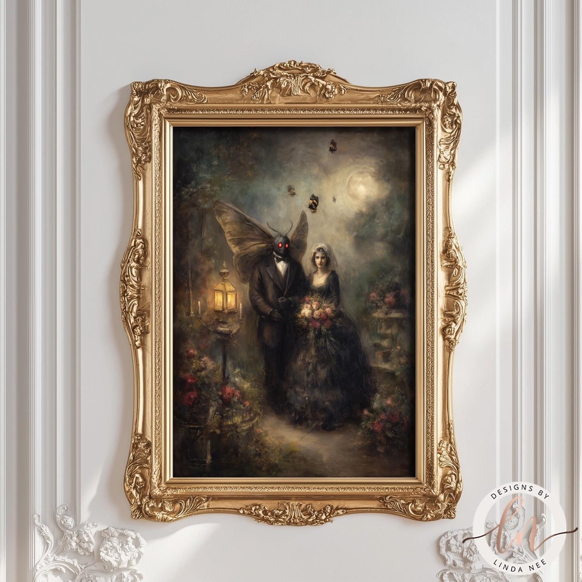 The image is a painting of a couple dressed in formal attire, standing in a garden setting with a large winged creature in the background.