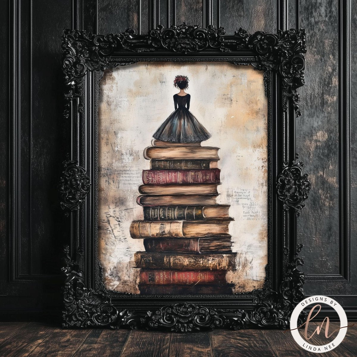 Woman sitting atop a stack of books artwork