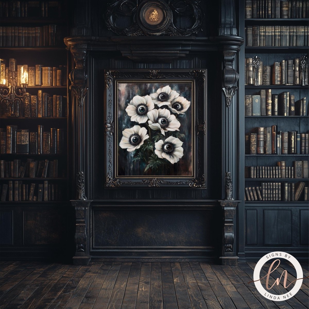 White eyed flowers print shown in a room with a chandelier