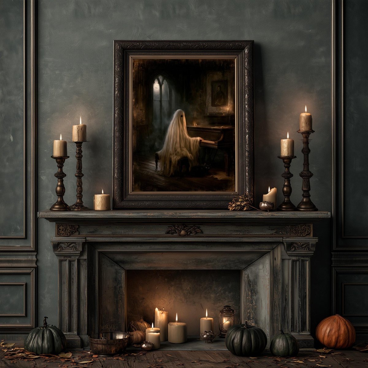 Fireplace dressed with candles and pumpkins below the gothic ghost piano artwork