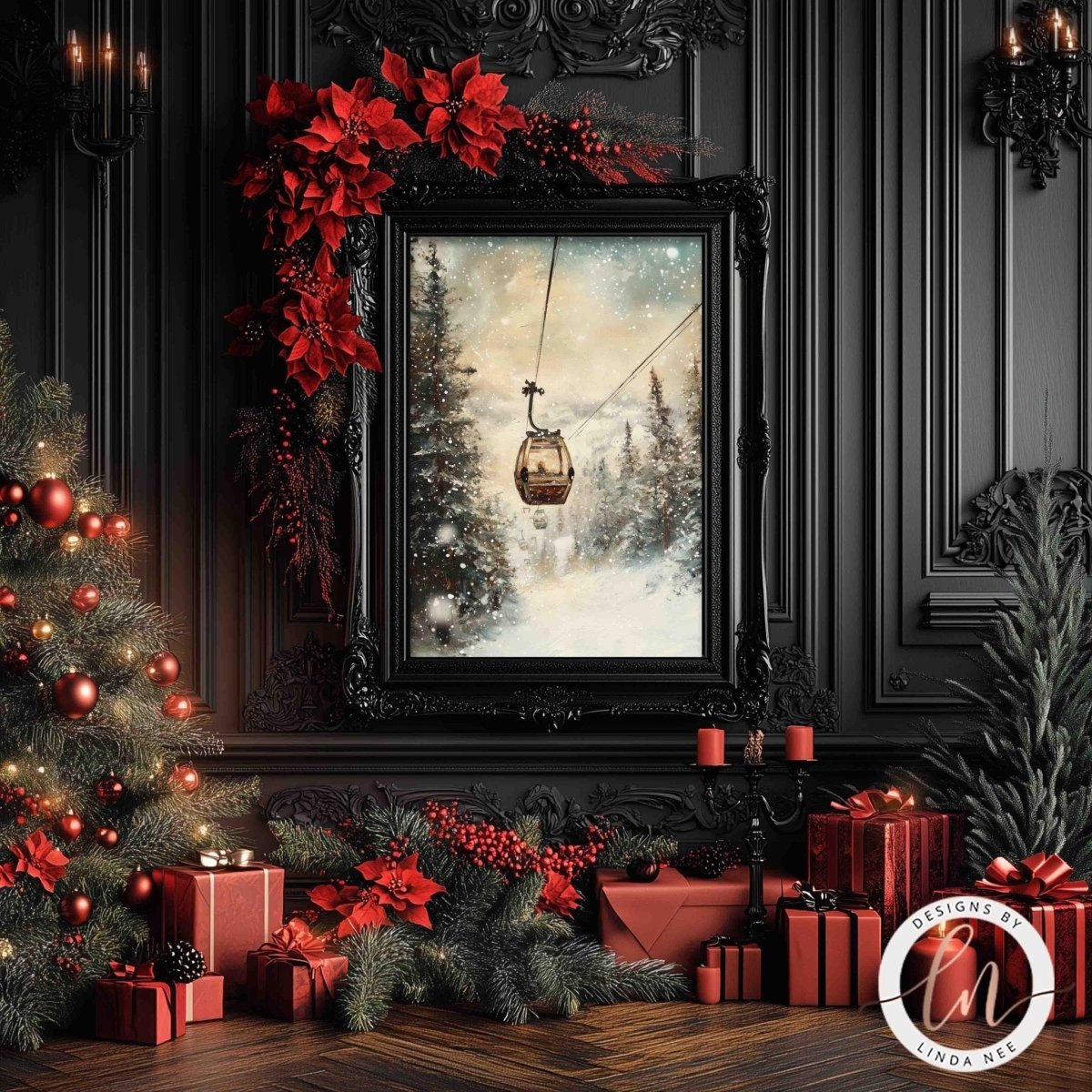 The image is a festive Christmas scene with a framed painting of a ski lift in a snowy landscape, surrounded by red poinsettias, red presents, and a decorated Christmas tree.