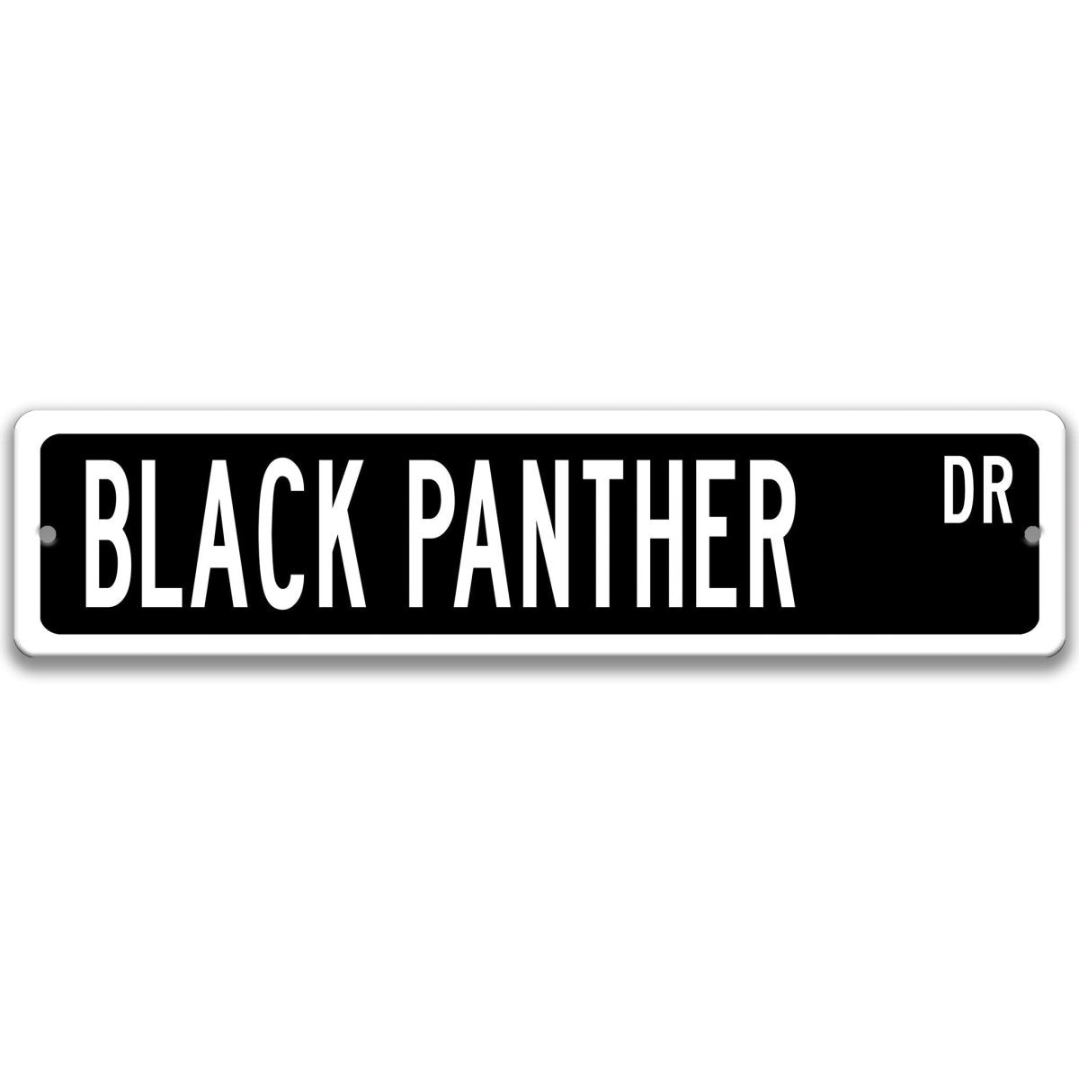 Black Panther metal street sign with a black background reading BLACK PANTHER DR