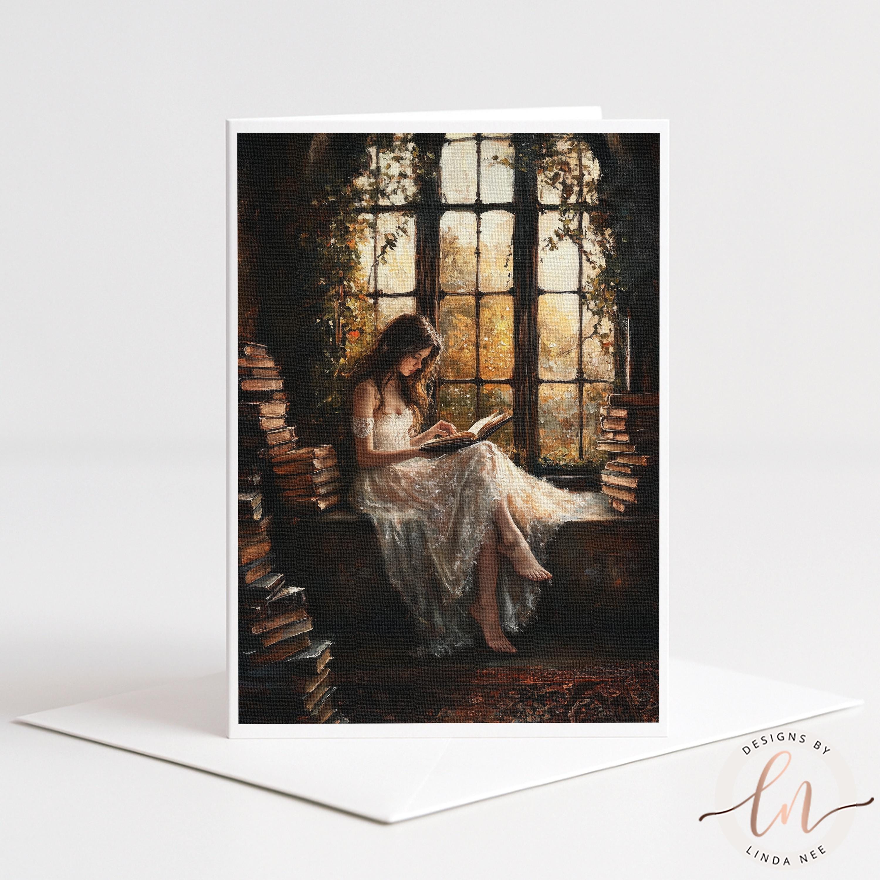 A woman in a white dress is sitting on a bench and reading a book, surrounded by a large window and stacks of books.