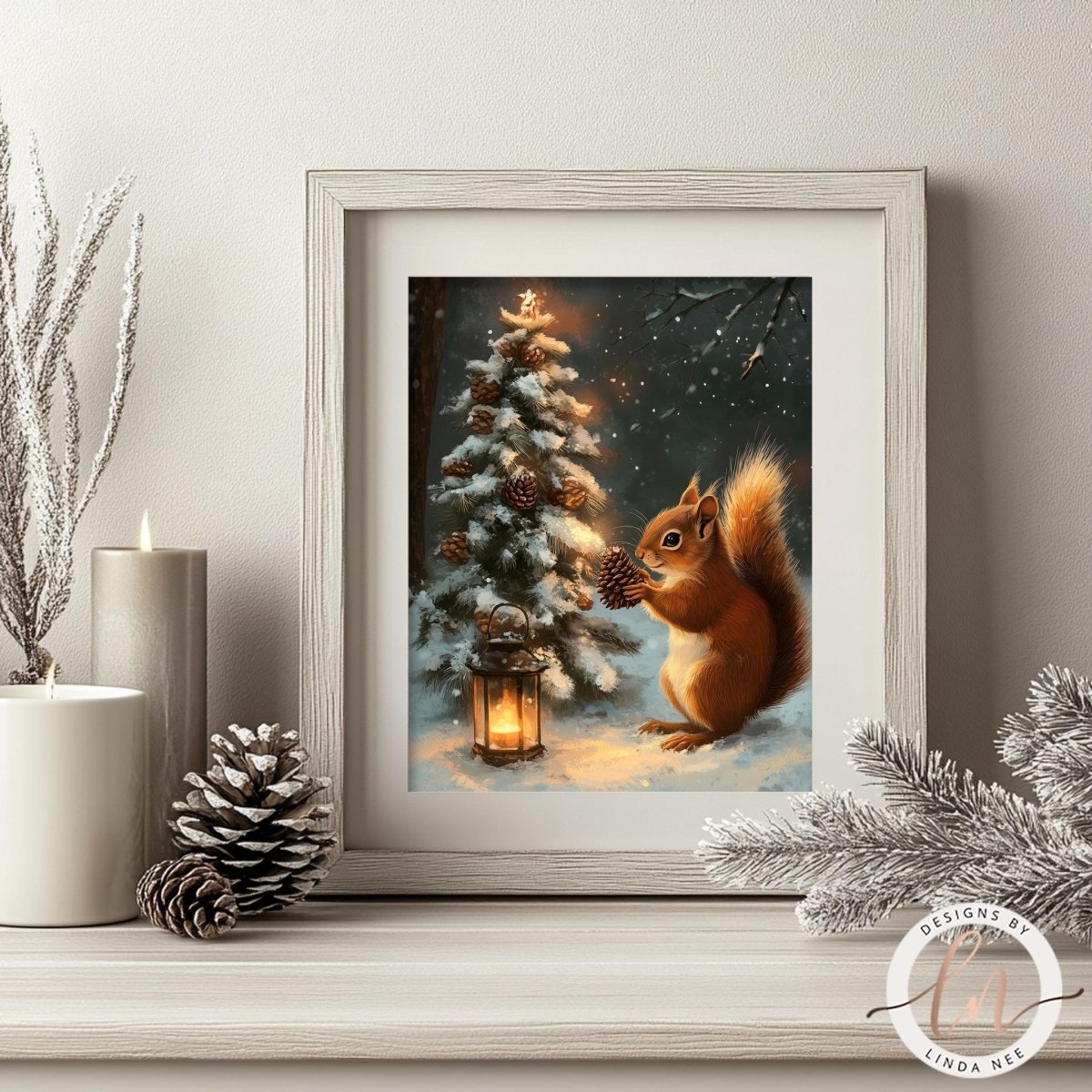 A framed painting depicting a squirrel holding a pine cone next to a lit lantern, with a Christmas tree in the background.