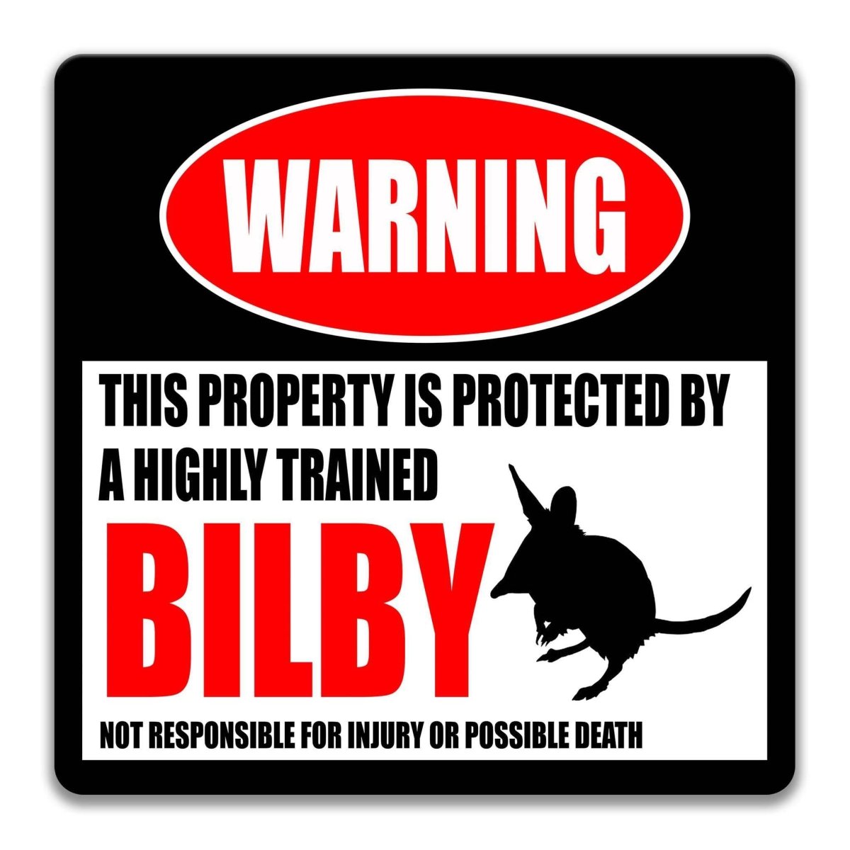 Square bilby warning metal sign, black background with red WARNING banner and bilby silhouette