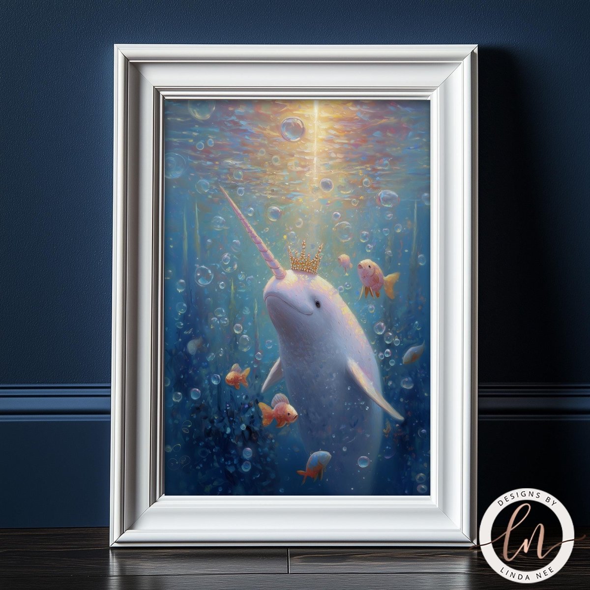 A framed painting depicting a white narwhal with a crown, surrounded by bubbles and fish, floating in a blue underwater scene.