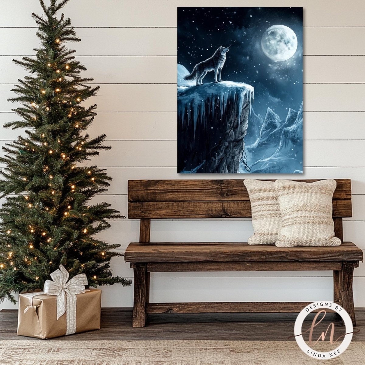 a cozy Christmas scene with a wooden bench, a decorated Christmas tree, and a large painting of a wolf on a cliff under a full moon.