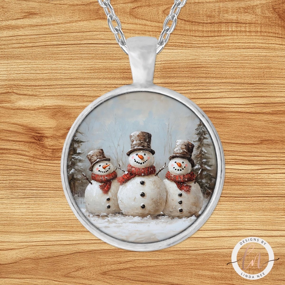 Three Snowmen Vintage Christmas Pendant Necklace
