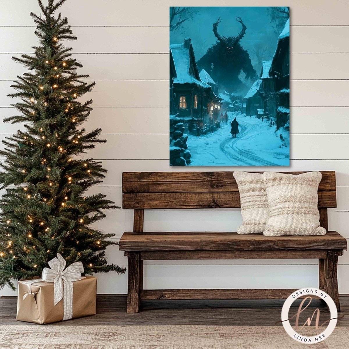 a cozy Christmas scene with a beautifully decorated Christmas tree, a wooden bench, and a large painting of a snowy village with a mysterious figure in the background.