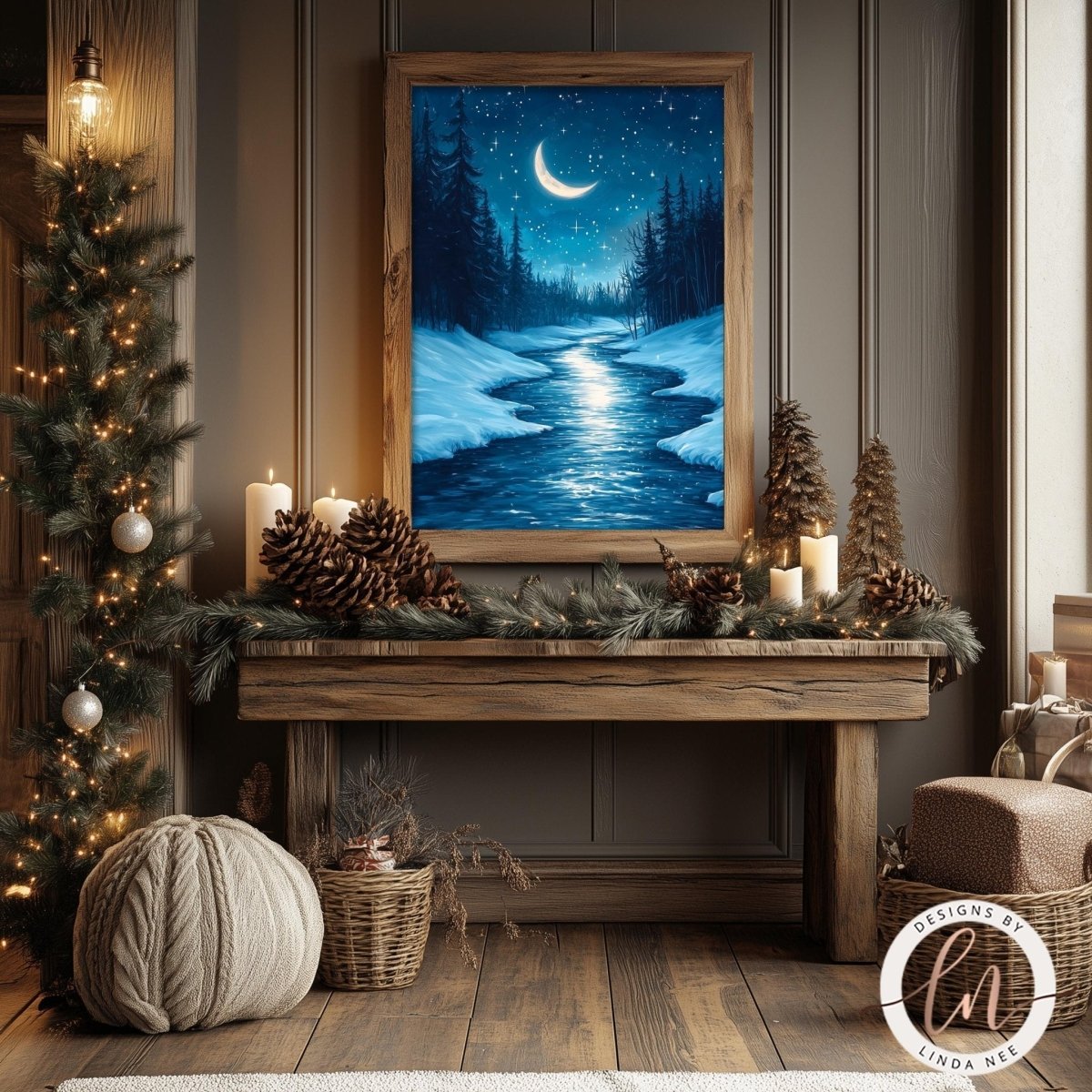 Snowy river landscape print displayed in a festively decorated room