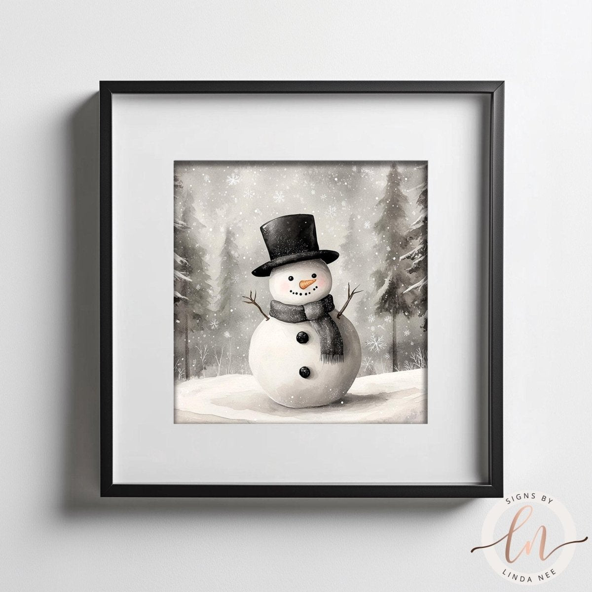 Framed winter art print featuring a snowman wearing a black top hat and scarf in a snowy forest, displayed on a light gray wall. The artwork is signed by Linda Nee, visible as a watermark in the bottom right corner.