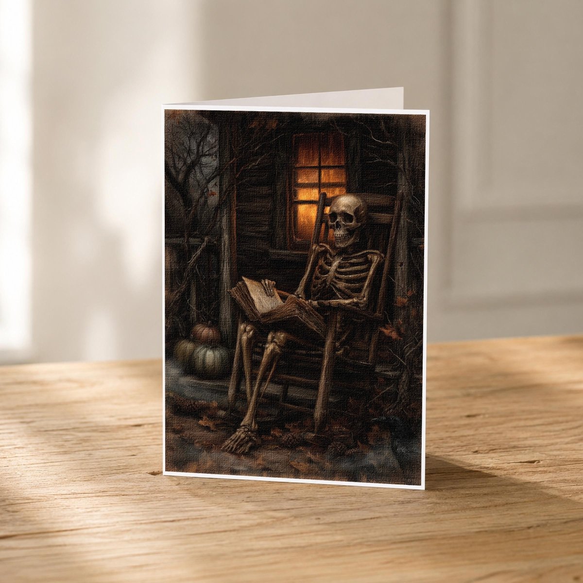 Skeleton reading a book 5x7 Halloween note card front
