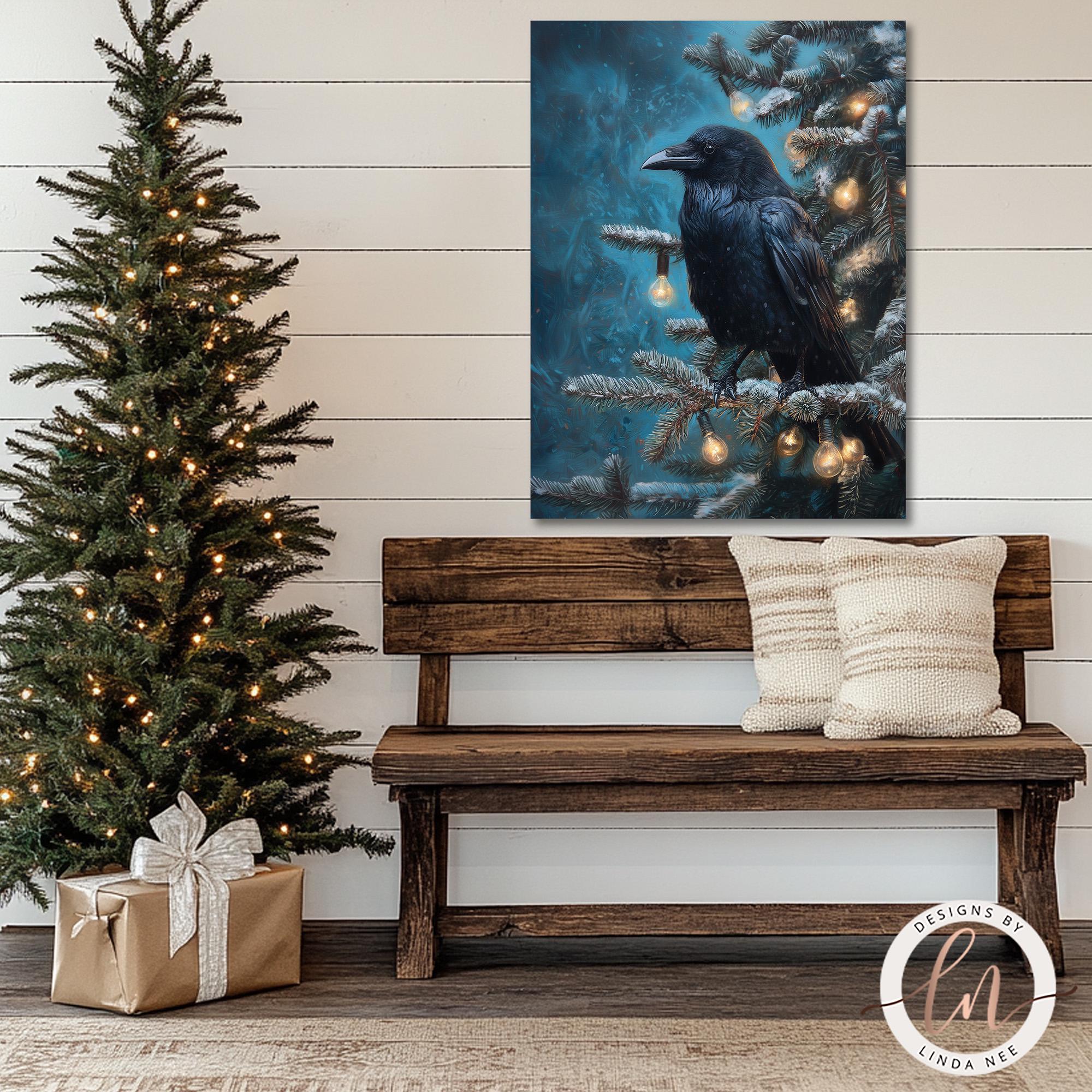 a cozy Christmas scene with a wooden bench, a decorated Christmas tree, and a framed painting of a black crow perched on a branch.