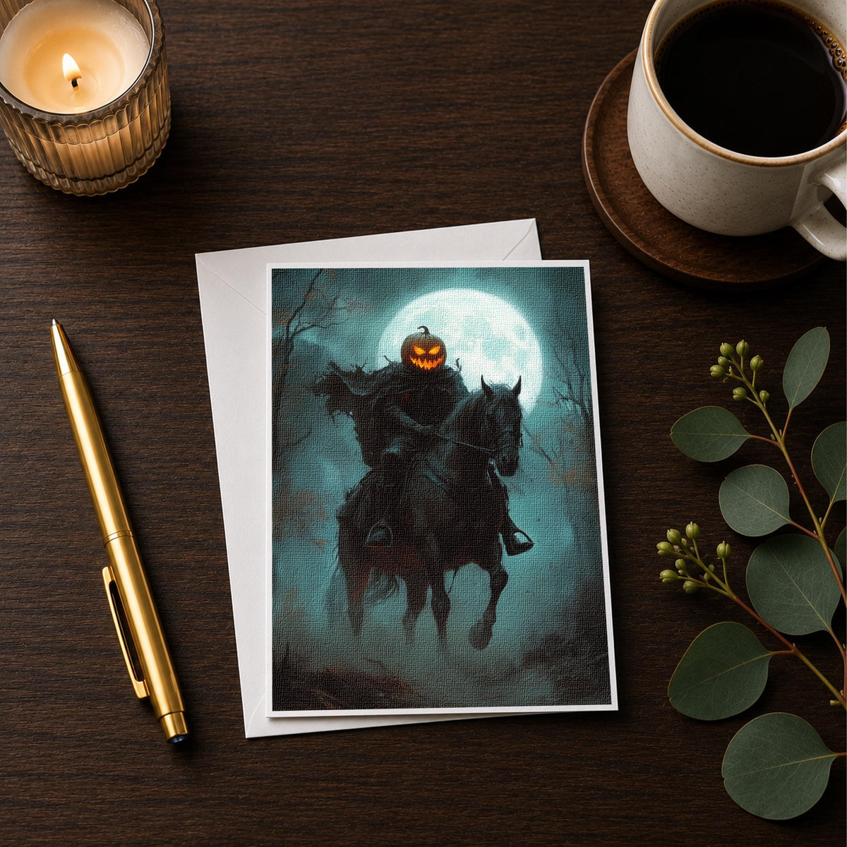 Pumpkin head horseman note card styled on a desk with a candle and coffee