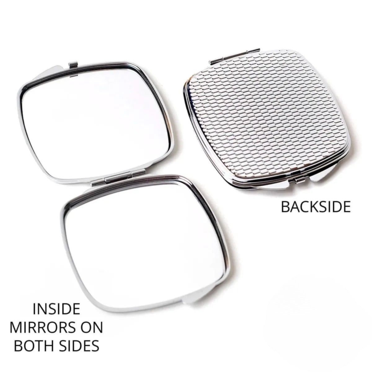 three different compacts or mirrors, each with a distinct shape and design, placed side by side.