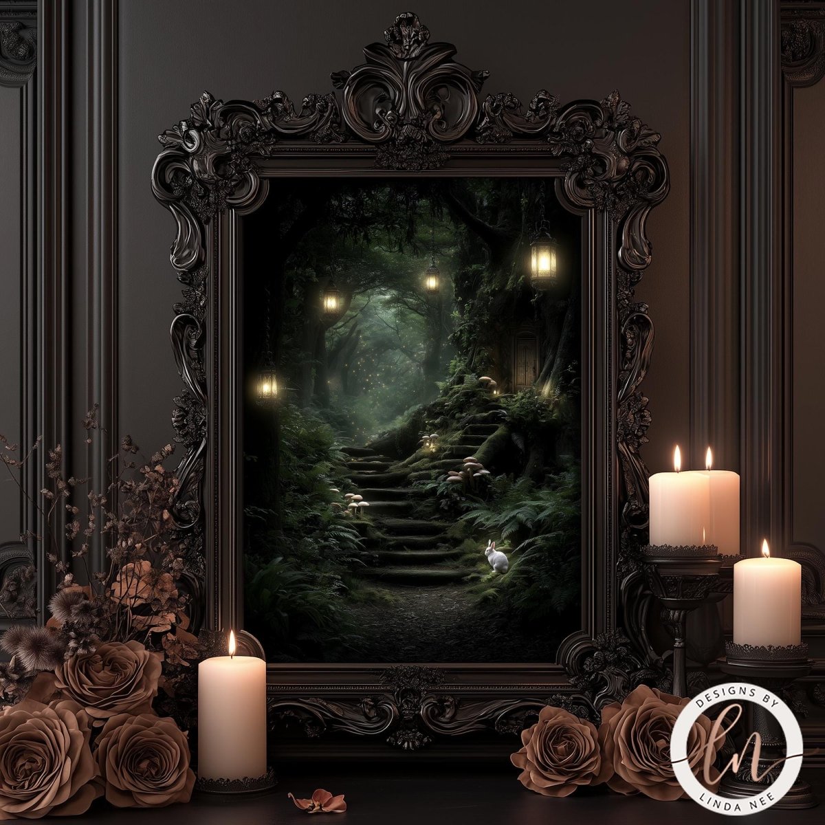 a dark, ornate frame with a painting of a forest path with a rabbit in the distance, surrounded by lit candles and flowers.