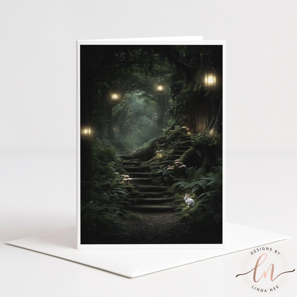 A whimsical forest scene with a winding path leading up to a set of stairs, illuminated by lanterns hanging from the trees.