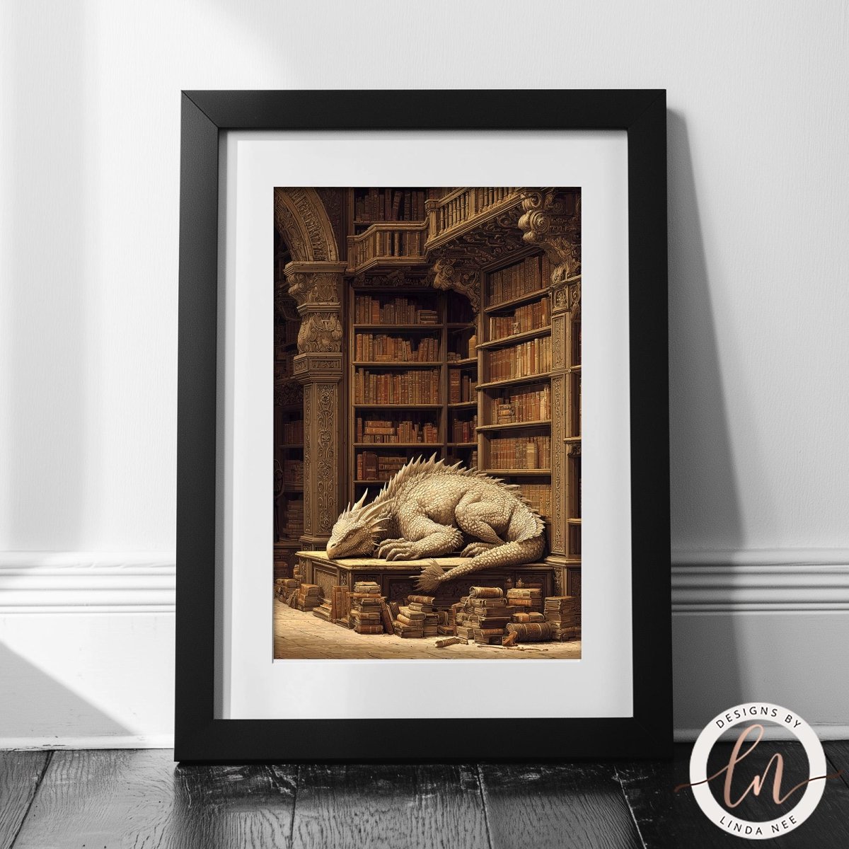 A framed image depicting a large, detailed dragon resting on a bookshelf in a library.