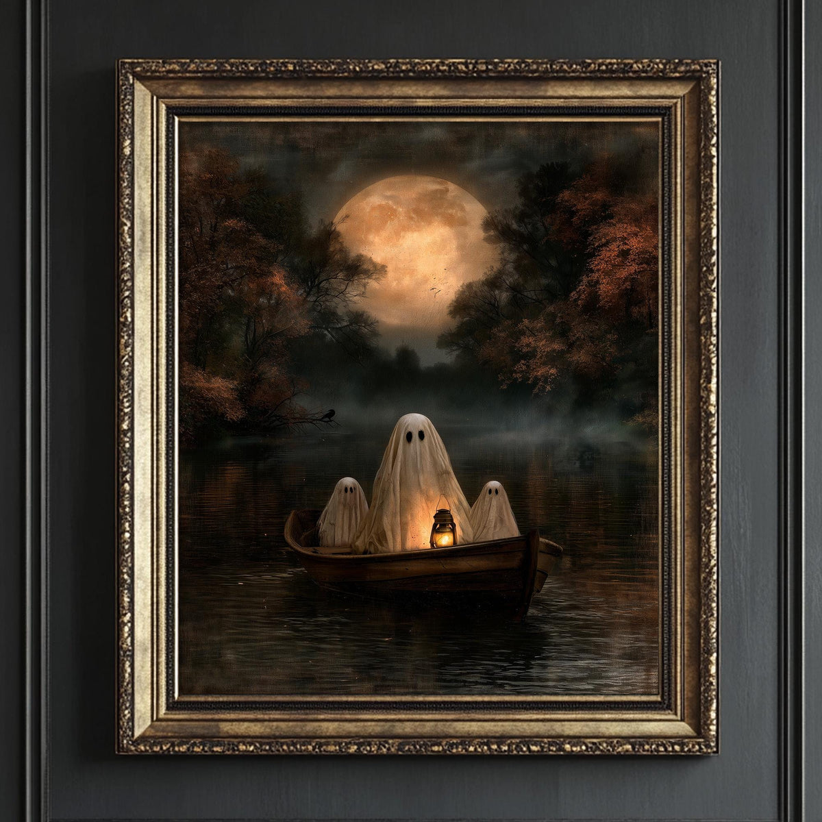Close view of the lantern glow and the harvest moon behind the ghost rowboat