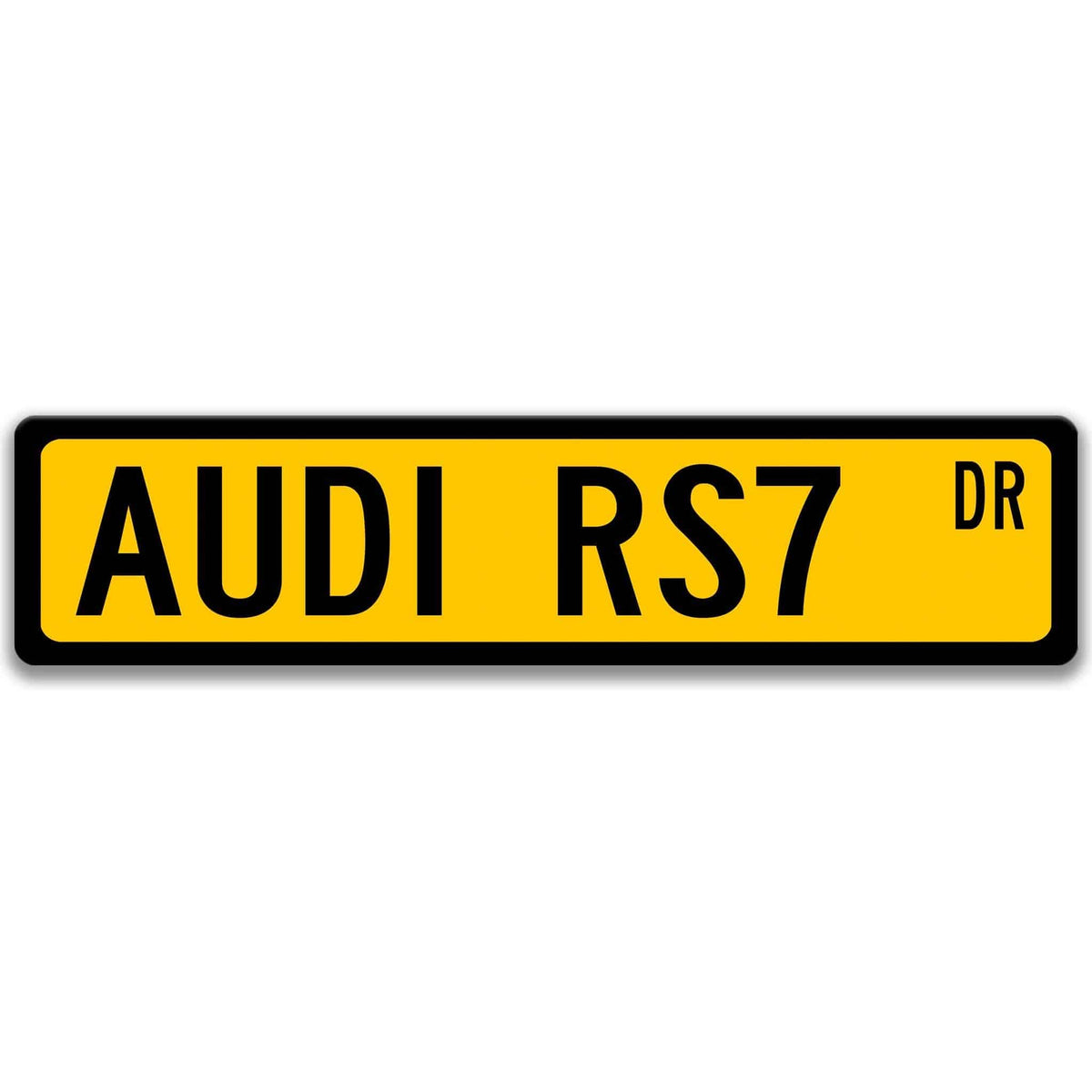 Yellow Audi RS7 Avant DR aluminum street sign with black lettering