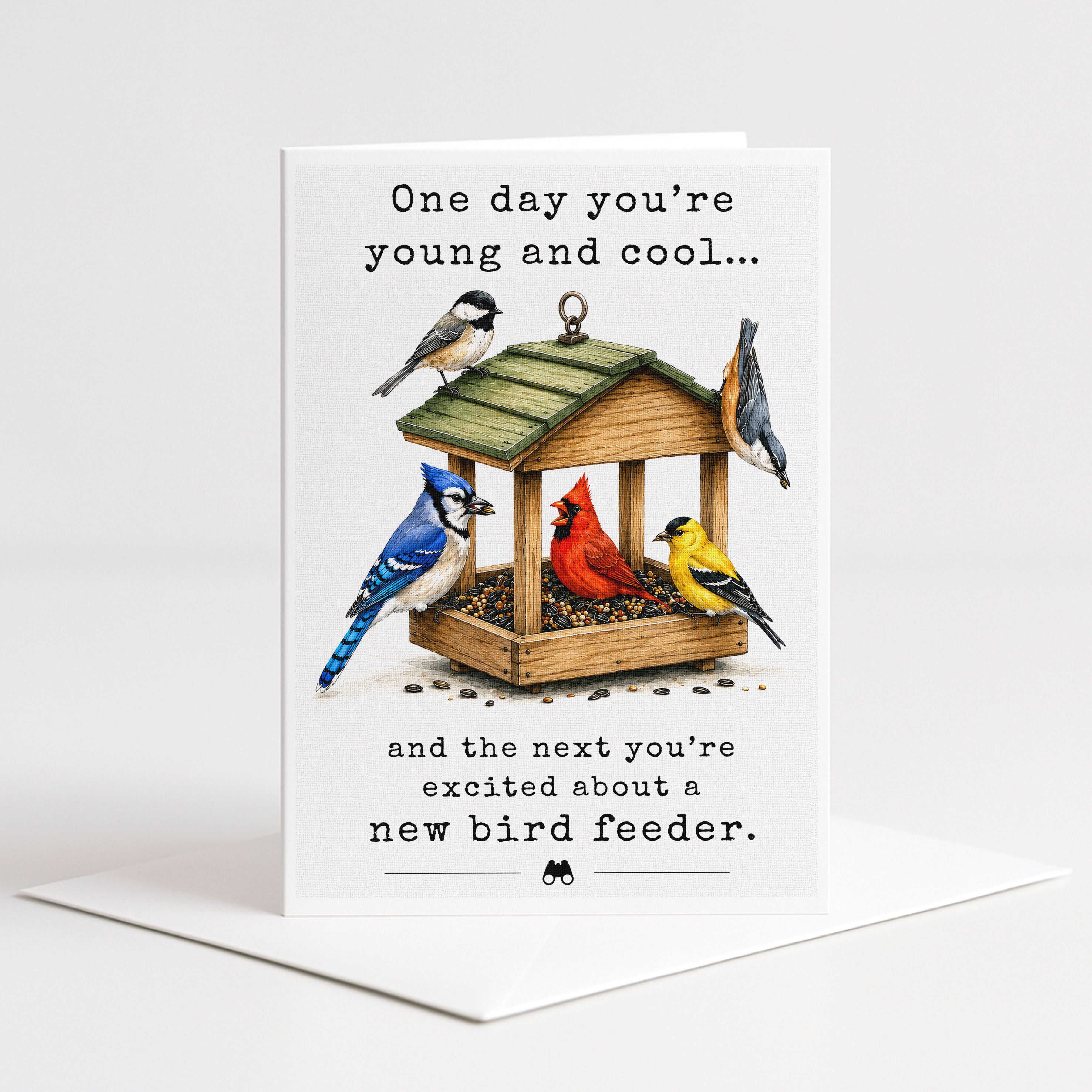 A greeting card with a bird feeder illustration and text that reads "One day you're young and cool... and the next you're excited about a new bird feeder."